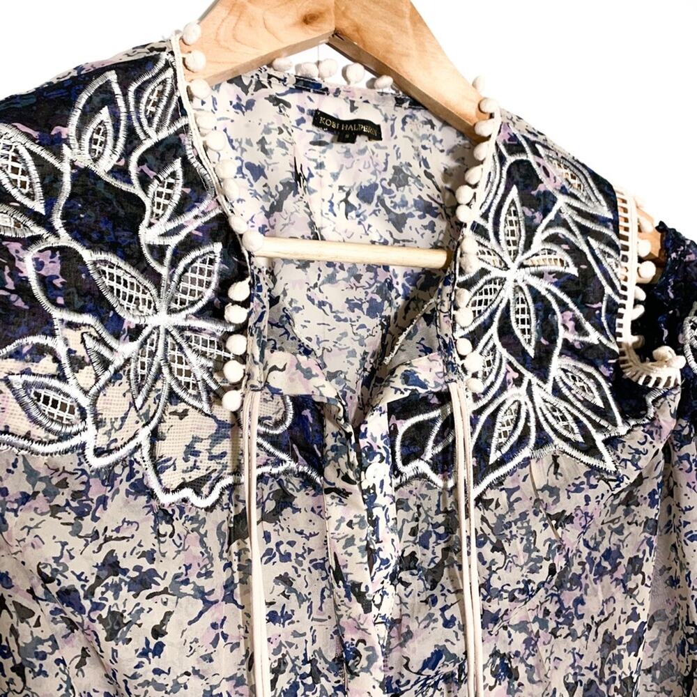 Kobi Halperin Liara Cold Shoulder Boho Pom Pom Blouse White Blue Lilac Small - Picture 6 of 12